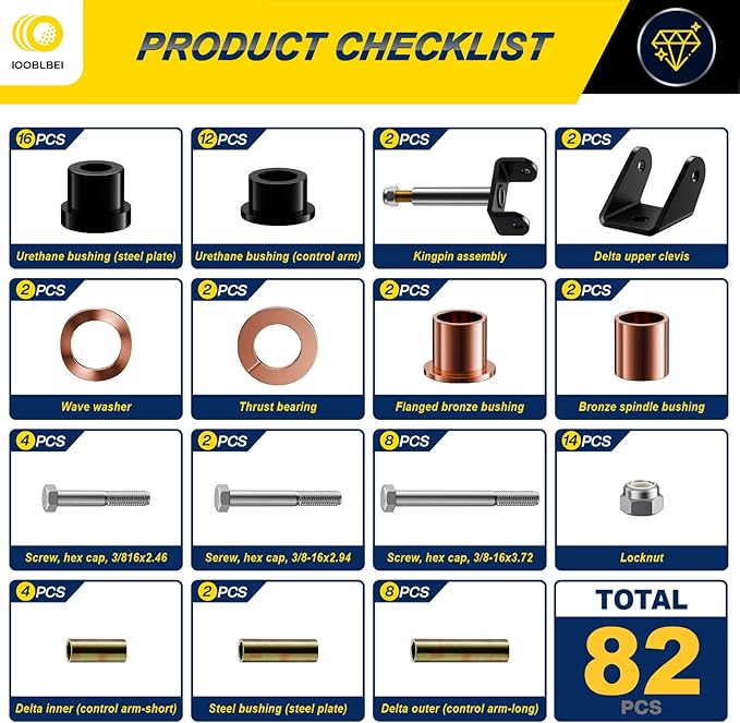 1993-UP Club Car Deluxe Repair Bushing Kit for DS, Golf Cart Front and Rear End Bushing Kit, Club Car King Ping Repair Kit, Full Set Club Car DS Front End Rebuild Kit OEM# 1016384 1015583 1016386
