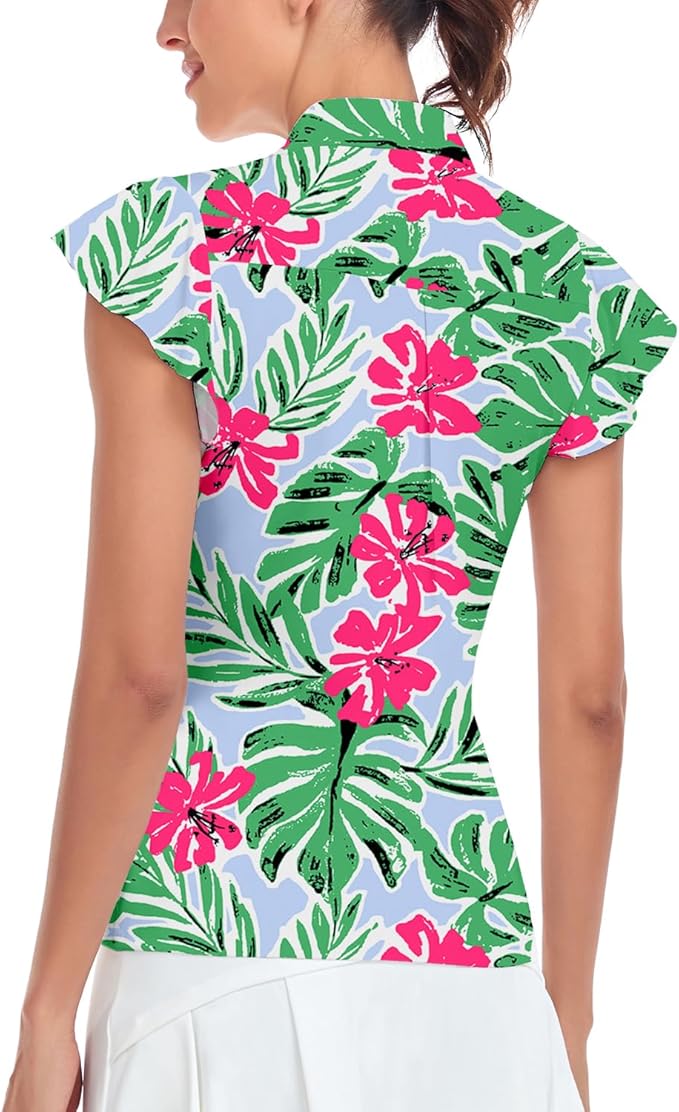Soneven Womens Petal Sleeve Golf Shirts Moisture Wicking Lady Golf Apparel Print Tennis Sport T Shirt