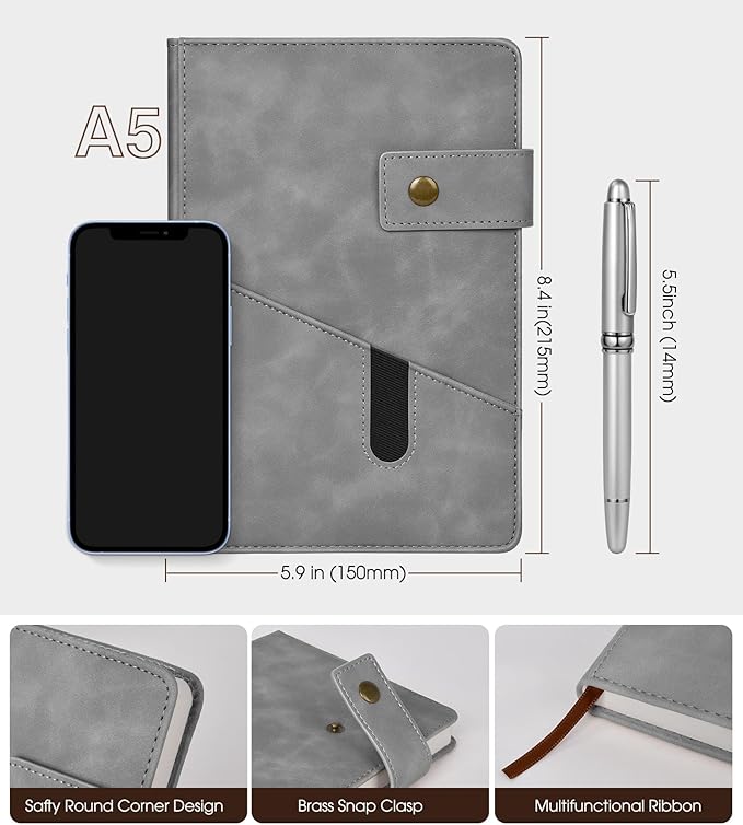 Grey A5 Lined Leather Journal Notebook - Image 2