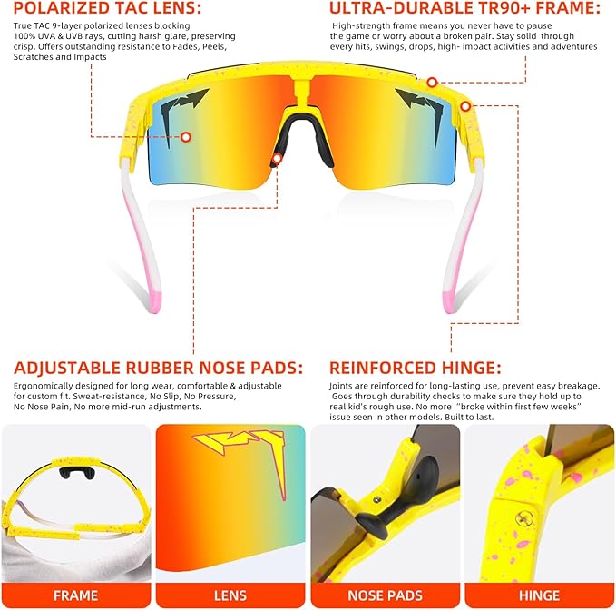2-Sizes Kids Youth Baseball Sunglasses Men Women Vipers Sunglasses Softball Boys Girl True Polarization &UV Protection