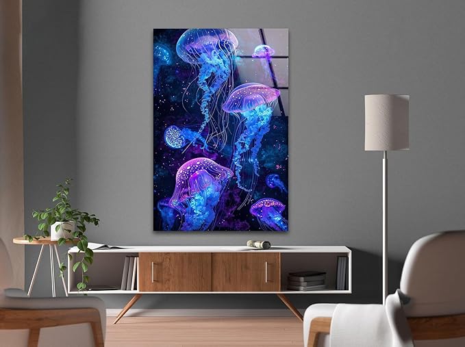 My Photostation.com 40WX60H'' Glowing Jellyfish Glass Wall Art Tempered Glass - Image 5