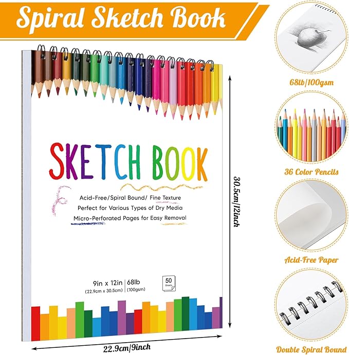 2 Pack Sketch Book with 36 Color Pencil Set, Spiral Kids Sketchbook - Image 2