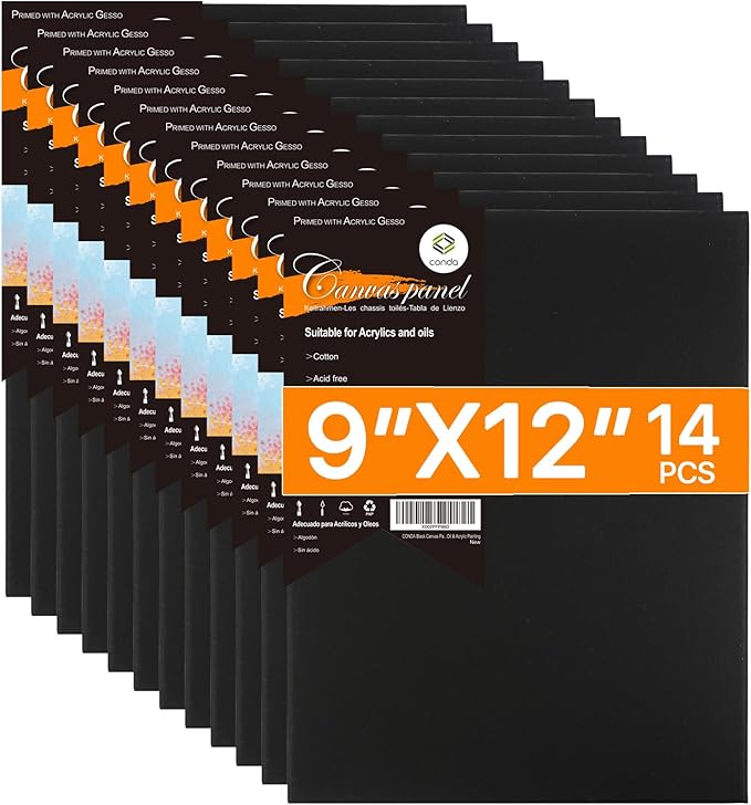 CONDA Black Canvases for Painting 9x12 inch, 100% Cotton Acid-Free, 8 oz by CONDA