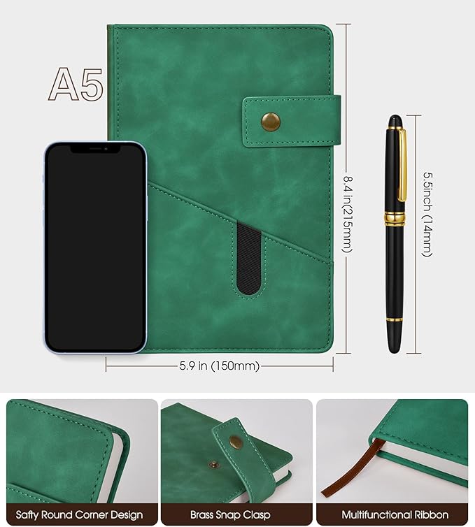 Green A5 Lined Leather Journal Notebook - Image 2