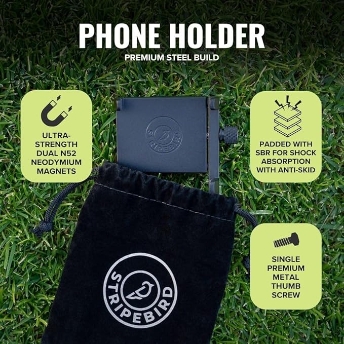 Stripebird - Magnetic Golf Cart Phone Holder - US Patented, Neodymium N52 Magnets - Golf Cart Phone Mount for iPhone & Samsung - Slim Golf Caddy Accessories for Men & Women