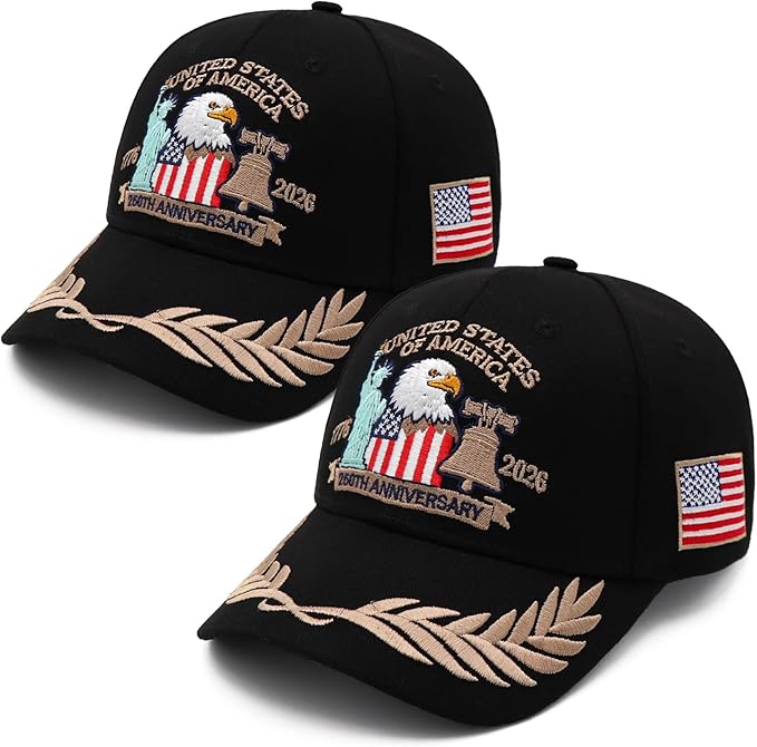 2 Pack 250 Anniversary USA Hat Embroidered Eagle & Liberty，Adjustable Patriotic American Flag Baseball Caps for Men Women
