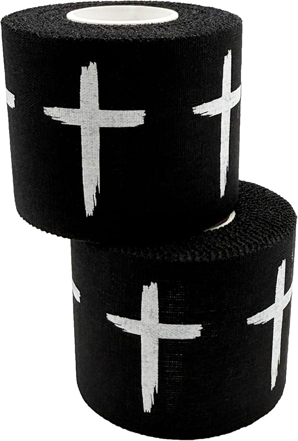 Cross Sports Athletic Tape 2 in x 30 ft 100% Cotton Christian Gift God Jesus Bible Verse Faith White Black Wrap Brace Wrist Ankle Finger Football Baseball Soccer Wrestling (2 Qty: Distressed Wht+Blk)