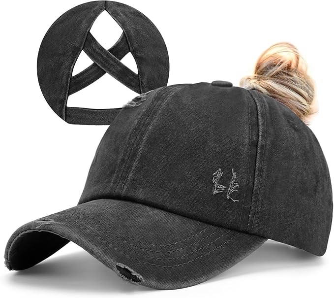 Womens Criss Cross Ponytail Baseball Cap Distressed Ponytail Hat High Messy Bun Trucker Ponycap for Outdoor Sports