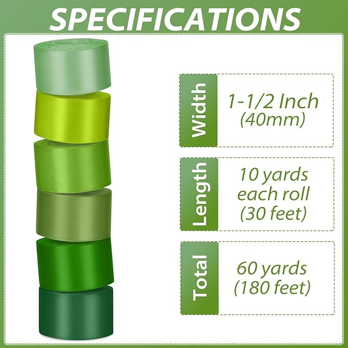 1-1/2 Inch Green Satin Ribbons for Crafts, 6 Rolls Single-Faced Green Assorted - Image 2
