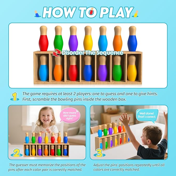 Color Matching Toy Set for Kids, Wooden Bowling Color Matching Game - Image 3