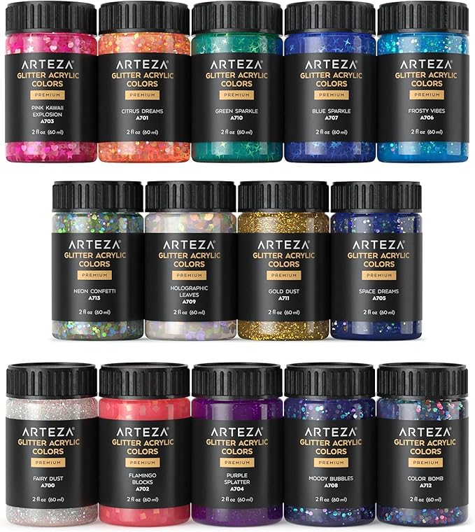 ARTEZA Glitter Acrylic Paint, 14 Iridescent Colors, 2 fl oz Bottles, - Image 8