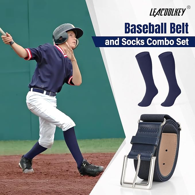 LEACOOLKEY Baseball Belt and Socks Combo Set Adjustable Softball Socks and Elastic Belt for Youth and Adult