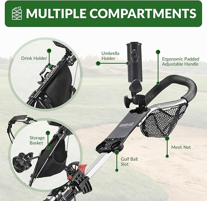 Caddytek CaddyLite 11.5 V3 Golf Push Cart - Lightweight Aluminum 3-Wheel Foldable Golf Bag Cart with Quad-Fold Frame, EVA Wheels, Adjustable Handle, Foot Brake, Mesh Net, Umbrella & Drink Holder