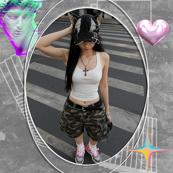 Shyyween Y2K Grunge Hat with Ears Bunny Ear Hat Cat Distressed Denim Baseball Cap Iron Ring Punk Outfit for Women Accessories