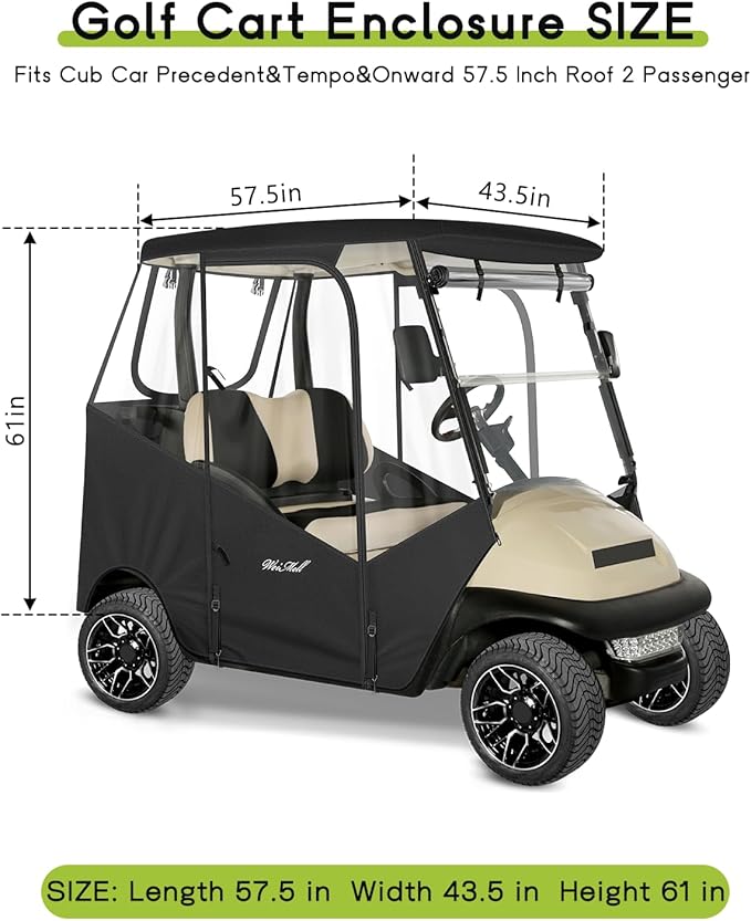 Golf Cart Enclosure 2 Passenger for Club Car Precedent Tempo Onward 2-Person Seaters 600D Waterproof Transparent Driving Rain Cover with 4-Sided Clear Windows Mirror Zipper Roll-Up Door Black