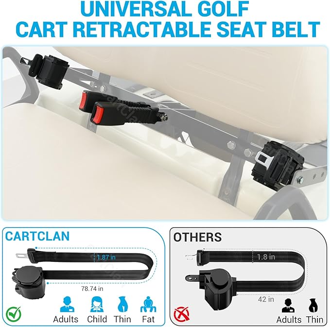 78.74" Retractable Golf Cart Seat Belts, Universal Golf Cart Seat Belts Kit Suitable for Club Car Yamaha EZGO Golf Carts, Extra-Long Golf Cart Seat Belt-2 Set
