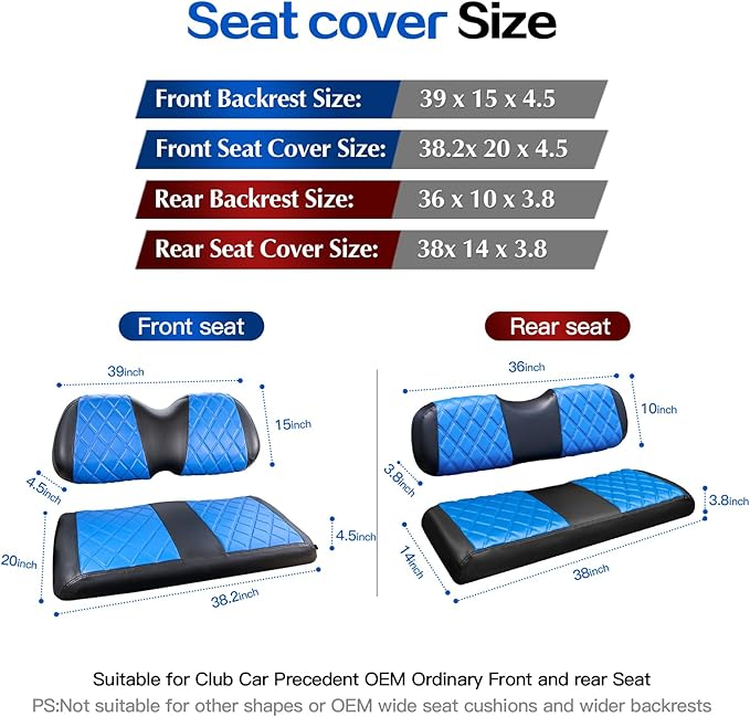 NOKINS 4PCS Golf Cart Diamond Seat Covers Kit,Front and Rear Seat Covers for Club Car Precedent/EZGO TXT/Yamaha Original Regular Seat Cushion (Blue and Black, Club Car Precedent)