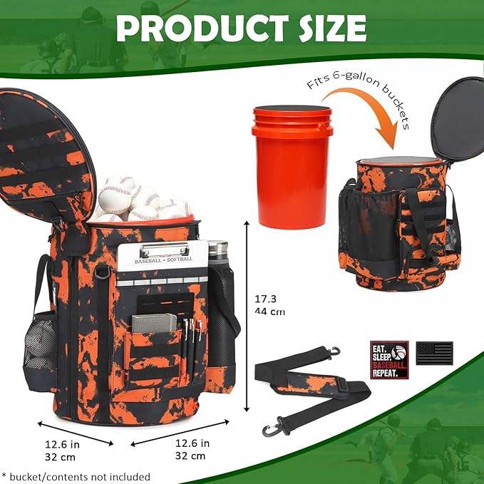 Baseball Bucket Bag Baseball Coaching Accessories Organizer Softball Bucket Bag with Anti-Slip Bottom & Multiple Pockets for Bat, Gloves, Scoreboards