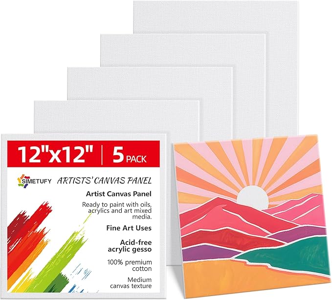 Simetufy 12 x 12 inch 5 Pack Painting Canvas Boards- Gesso Primed Acid-Free by Simetufy