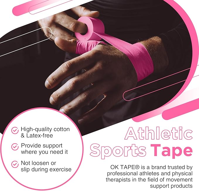 OK TAPE Athletic Sports Tape（4 Packs) Pink- 32.8ft Per Roll Athletic Tape for Injuries,Strong Stick No Residue Athlete & Sport Trainers First Aid Injury Wrap, Hockey Stick