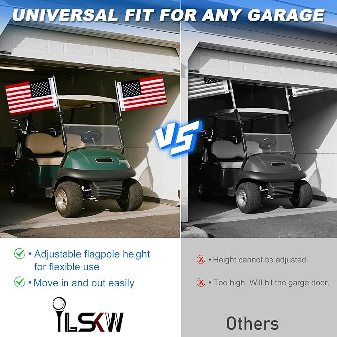 Golf Cart Flag Holder and Flag Pole Kit for Yamaha, EZGO, Club Car, Upgraded Flag Bracket for 0.59-1.18" Round/Oval/Square Rails Golf Carts, Boat, Golf Push Carts, Included USA Flag (22.8”×11.4”) 2PCS