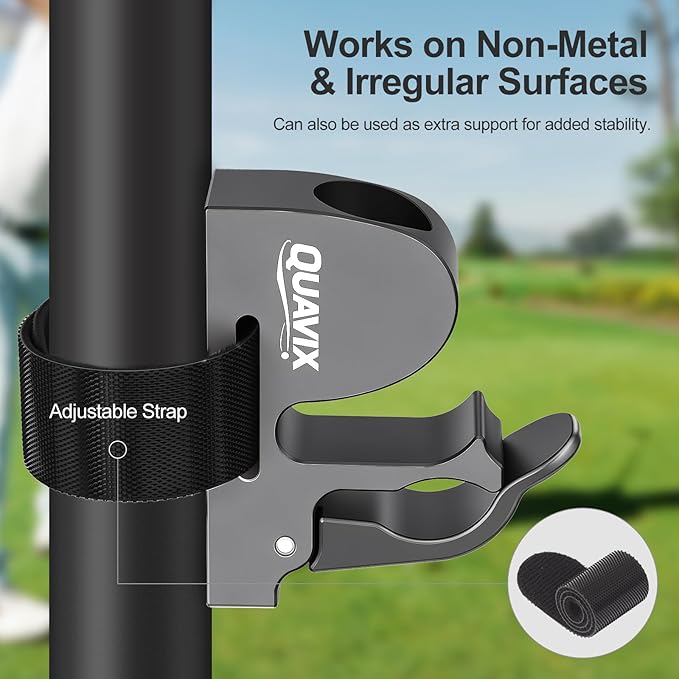 Magnetic Golf Cart Holder Clip with Adjustable Strap, Secure Golf Accessory for Cart, Aluminum Design Fits 30-70 Ring Gauge, Stable Holder for Golf Course Use