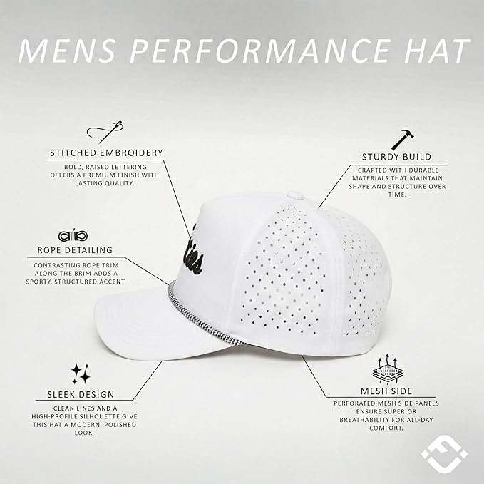 Funky Junque Performance Waterproof Golf Rope Hat – Cool Breathable Workout 5 Panel Snapback Cap for Men