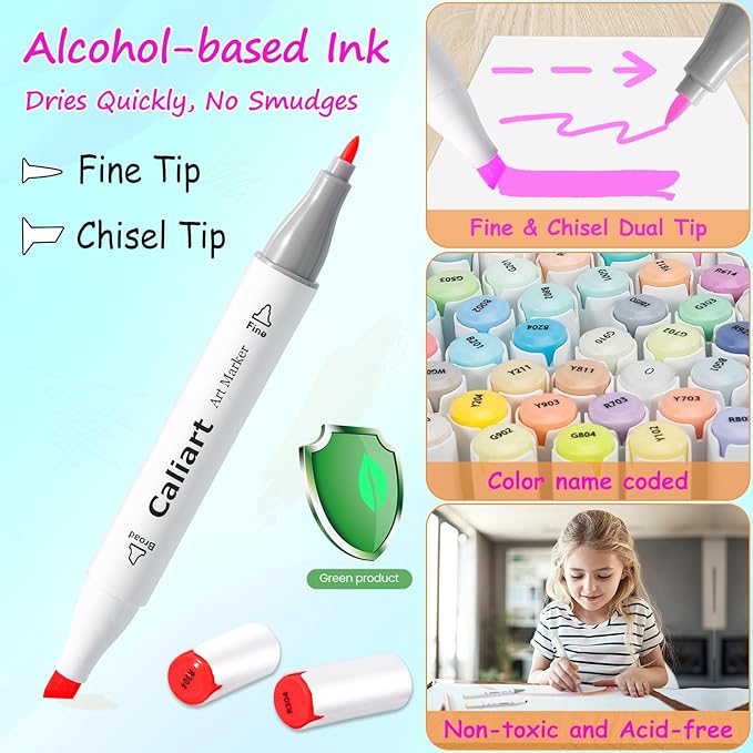 Caliart Markers, 100 Colors Dual Tip Art Markers Sketch Pens Permanent Alcohol - Image 2