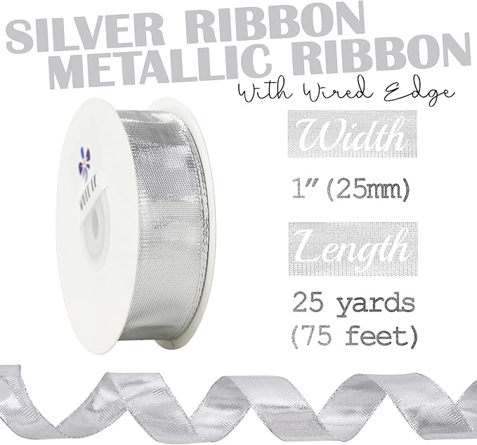 MEEDEE Silver Wired Woven Metallic Ribbon - Image 2