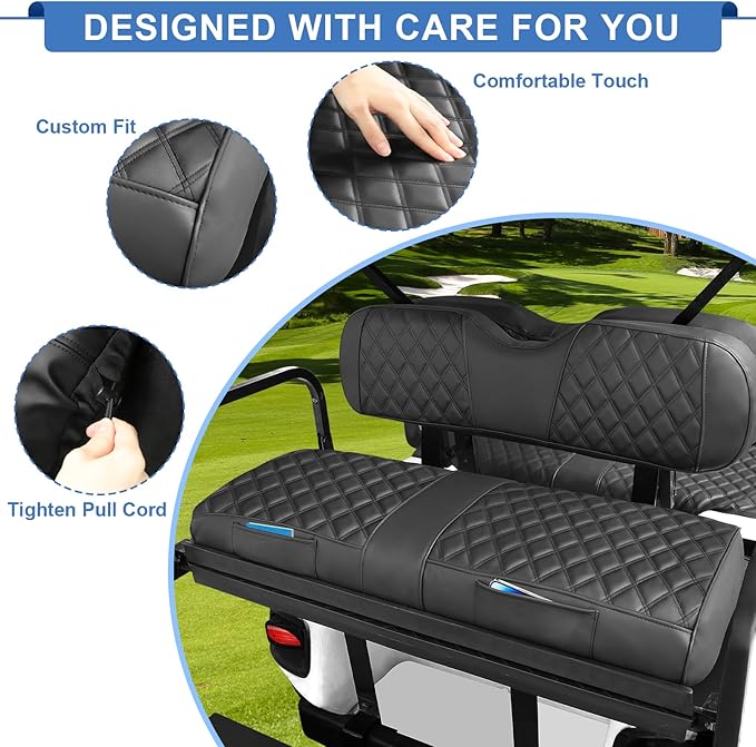 Rear Golf Cart Seat Covers for EZGO, Club Car, Yamaha, Rear/Back Golf Cart Seat Cover with Thick Vinyl Leather Comfortable Support Design, Breathable,2 Convenient Pockets