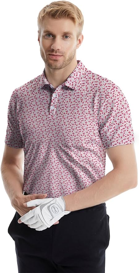 HUURAY Funny Golf Polos for Men Funny Print Short Sleeve Shirts Quick Dry Polo Shirts Hawaiian Shirt Performance Golf Outfits