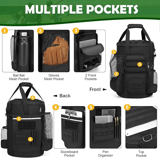 Baseball Bucket Bag Baseball Coaching Accessories Organizer Softball Bucket Bag with Anti-Slip Bottom & Multiple Pockets for Bat, Gloves, Scoreboards