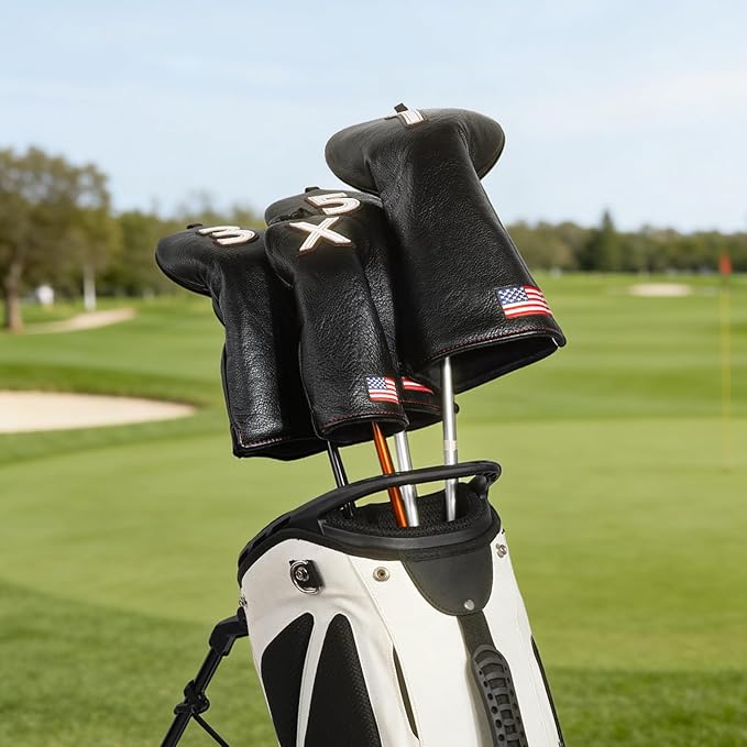 Golf Head Covers, US Flag Patriotism Golf Club Cover for Woods and Driver, Fairway, Hybrid - Premium Leather Golf Club Head Covers with Interchangeable Tags