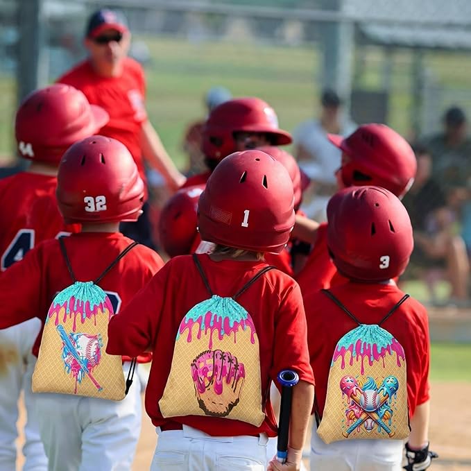 Woanger 24 Pcs Ice Cream Drip Baseball Drawstring Bags Bulk 11.81x9.84 Inch Sport Party Favor Backpacks Baseball Gift Bags Waterproof Lightweight String Cinch Backpacks for Travel Sport Camp Party