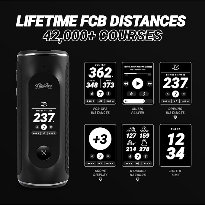 Blue Tees Golf Player+ AI-Powered GPS Speaker - Touchscreen Display, 10+ Hour Battery, 40,000+ Courses, Visual & Audible Distances, Hazard Detection, IPX7 Waterproof (Black)