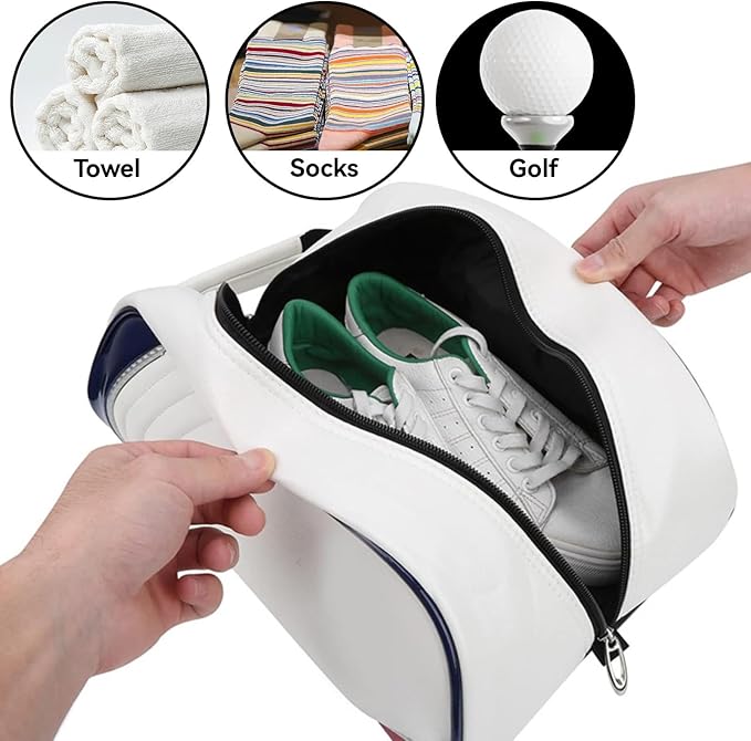 Golf Shoe Bag for Men & Women, PU Leather Travel Shoes Carrier Bag, Dustproof and Lightweight Outdoor Golf Accessories Storage for Sport Shoes, Socks, Tees & Balls(White)