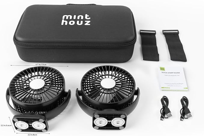 Minthouz Magnetic Golf Cart Fan, Rechargeable 12000mAh Fan, 3-Speed 360° Rotation, Timer Function, LED Lighting, Magnetic Base & Strap, Compatible with EZGO, Club Car, Yamaha Golf Carts