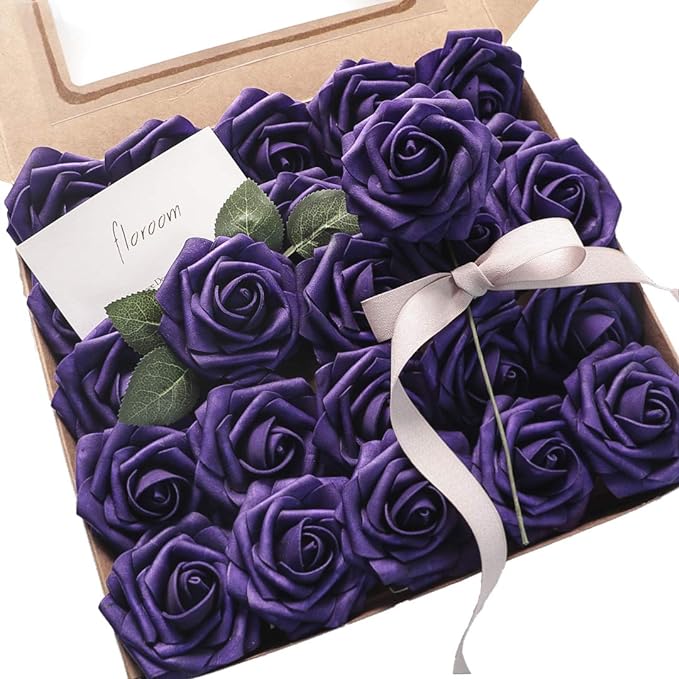 Floroom Artificial Flowers 25pcs Real Looking Dark Purple Foam Fake Roses by Floroom