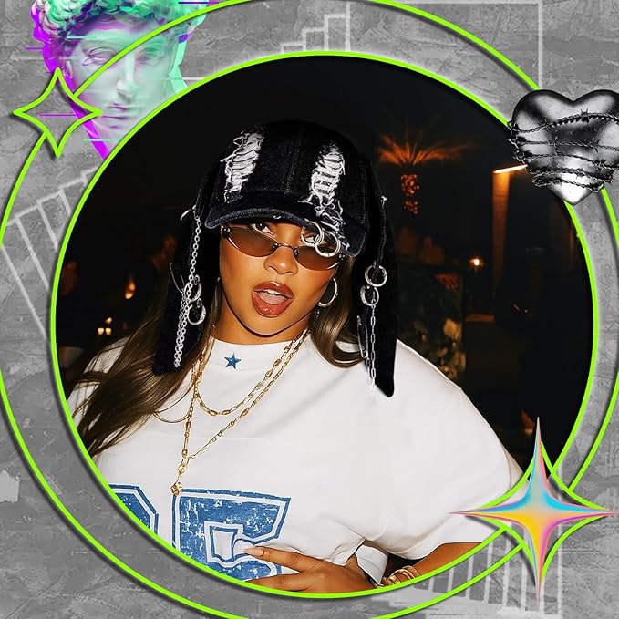 Shyyween Y2K Grunge Hat with Ears Bunny Ear Hat Cat Distressed Denim Baseball Cap Iron Ring Punk Outfit for Women Accessories