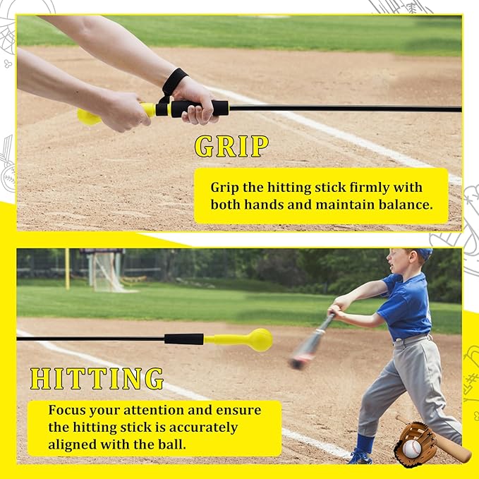 Baseball Hitting Stick,Batting Practice Equipment for Baseball and Softball,Extended Handlebar with Grip Strap,Ideal One-on-One Baseball Training Equipment