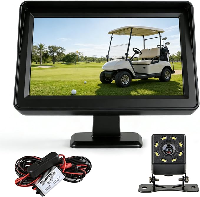 Golf Cart Backup Camera, Waterproof Golf Cart Accessories with 4.3" 16:9 Monitor for Club Car EZGO Yamaha UTV, Direct 17-60V Battery Hookup, No-Drill Installation Golf Cart Rear View Reverse Camera
