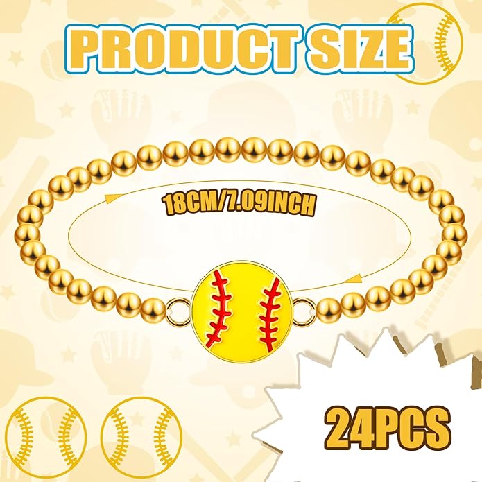 Tondiamo 24 Pcs Cheer Baseball Softball Soccer Basketball Football Tennis Bracelets Gifts Bulk Beaded Stretch Bracelets Charm Gifts Sport Jewelry Party Favors Supplies