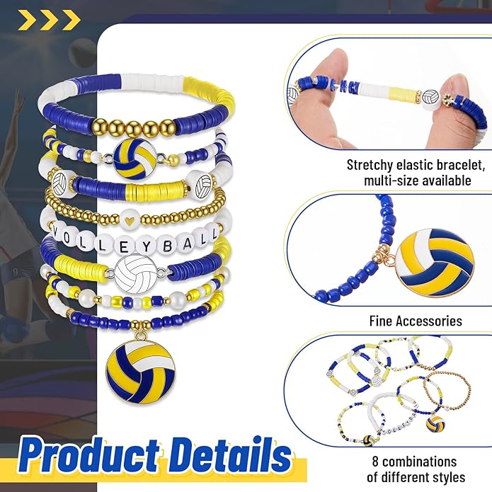 Huquary 8 Pack Sports Bracelets for Women Mom Soccer Baseball Football Volleyball Basketball Stackable Heishi Clay Beaded Bracelet Accessories Fan Outfits Jewelry Gifts for Sports Party Favor