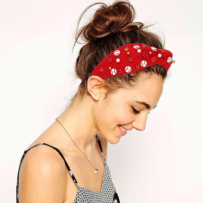 Baseball Headbands for Women Crystal Baseball Embellished Wide Top Knot Headband for Women Game Day Hair Accessories (Red)