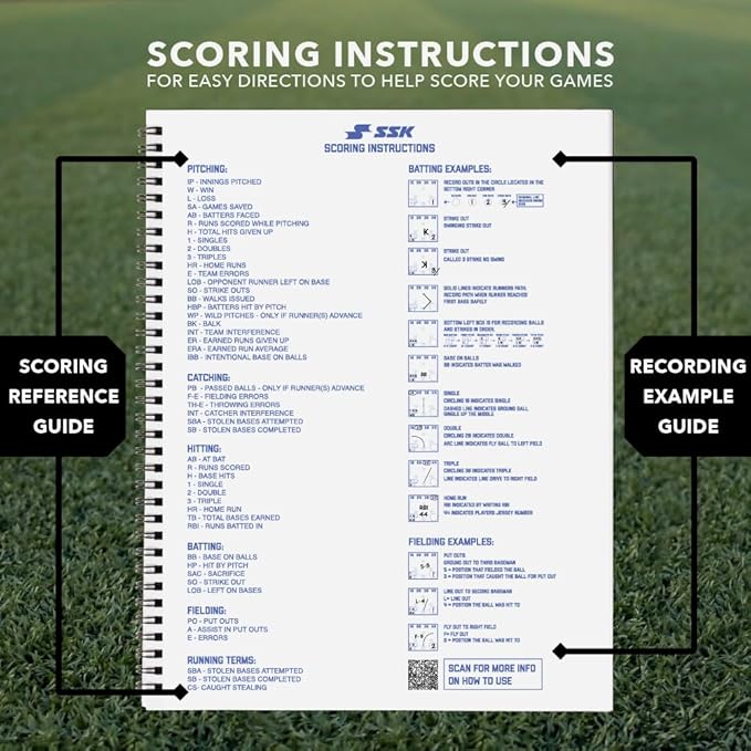 SSK 50 Game Official Scorebook Baseball + Softball – Premium Cover Score Keeping Book – 15 Player - Home + Away Team – 9.25”x12”