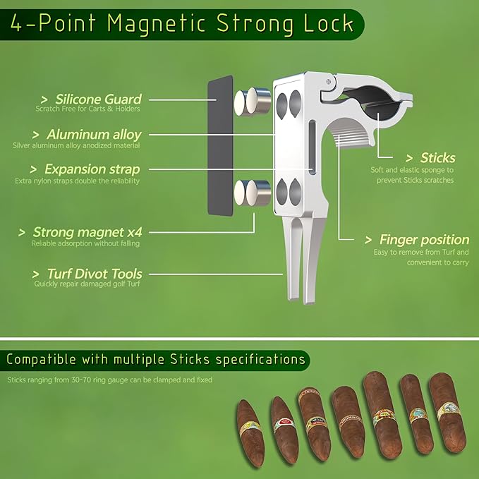 2-Pack Magnetic Sticks Holder for Golf Cart & Grass | 4-Point Strong Lock Sponge Pad Protection | Shining Silver Aluminum Alloy with CNC Machined | Fits 30-70 Ring Gauge | Divot Tools
