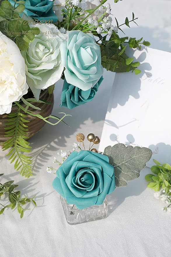 Floroom Artificial Flowers 50pcs Real Looking Teal Green Foam Fake Roses - Image 6