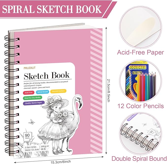 Sketch Book with 12 Color Pencil Set, 90 Sheets Spiral Sketchbook - Image 2