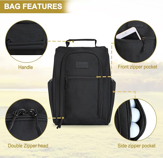 Goloni Golf Shoe Bag for Men Women, Ventilated Golf Shoe Bag with Side Pockets, Lightweight Portable Golf Shoe Carrier for Golf Shoes, Tees, Balls & Accessories,Black