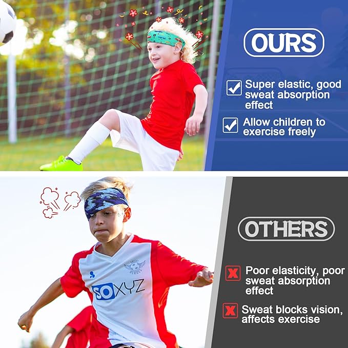 6Pcs Breathable Sports Sweatbands for Kids - Ages 4-10 Boys Girls Sweat Wicking Non Slip Elastic Hairbands, Athletic Headbands Accessories Gifts for Football Soccer Basketball Baseball Dance